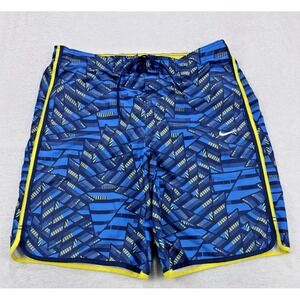 Nike Swim Shorts Men L Blue Yellow Trimmed‎ Drawstring Diamond Ripstop